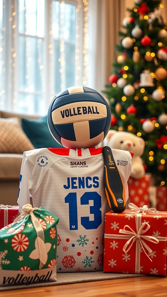 A collection of volleyball gifts including a volleyball, jersey, and training gear, set against a Christmas backdrop.